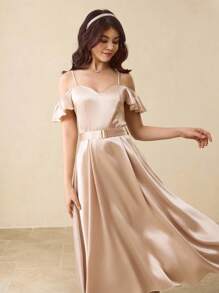 少女荷叶边拼接腰部 A 字型优雅派对、返校、圣诞节、万圣节连衣裙 - 杏色 - 查看 5