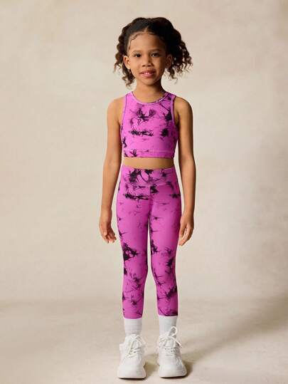 SHEIN 2pcs/Set Girls' Tie-Dye Print Camisole And Leggings Yoga Outfit, Matching Sets, Back To School