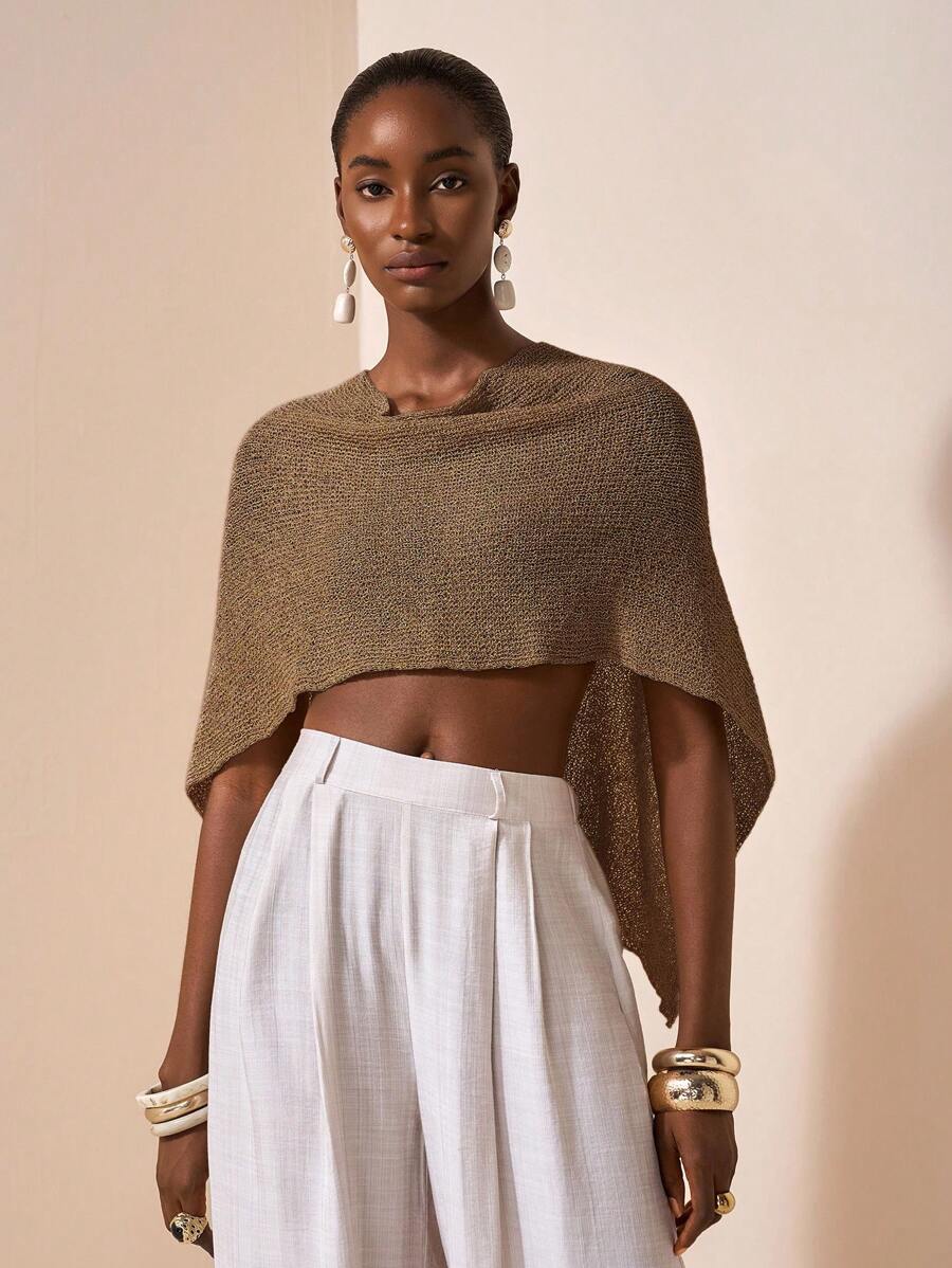 Zivah 性感披肩斗篷百搭针织披肩细肩带 V 领不对称肩部设计上衣，度假风格