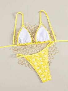 Swim Mod 2pcs/Set Summer New Solid Color Sexy Backless Bikini Swimwear Set - Yellow - View 2