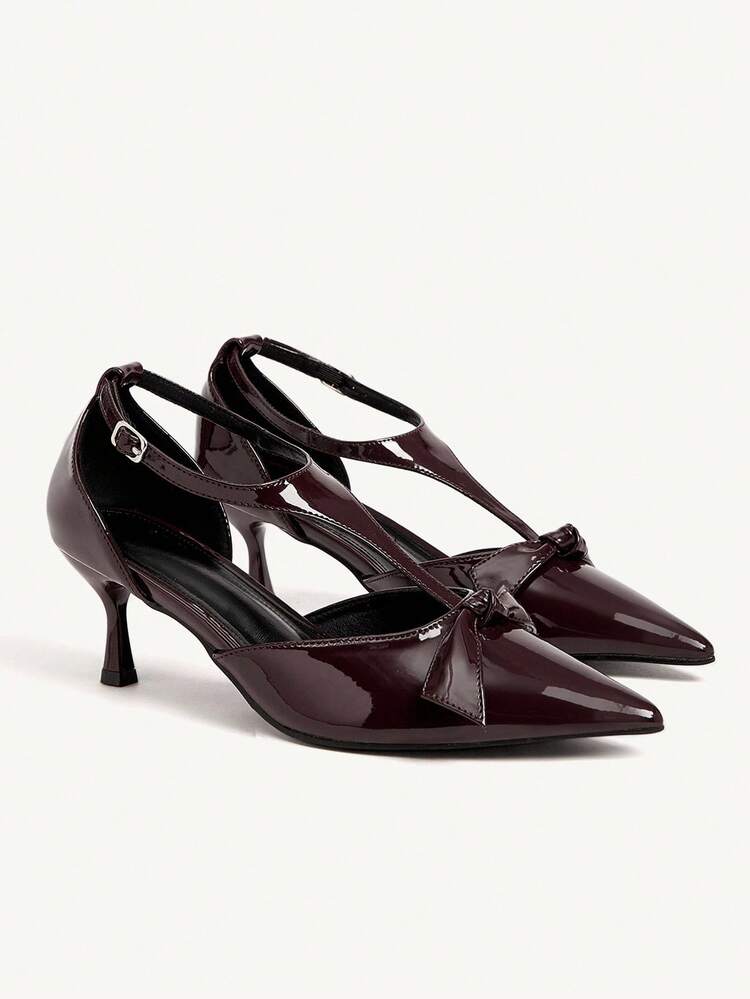 CUCCOO CHICEST Tacones altos de punta con lazo, zapatos de vestir elegantes de cuero patentado en color borgoña rojo, marrón chocolate, versátiles para usar en el trabajo, citas, ocasiones formales, Halloween, Navidad, Acción de Gracias, Año Nuevo, Día de San Valentín