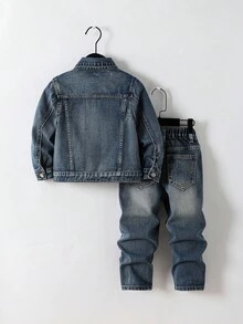 2件套男童户外休闲破洞牛仔夹克和裤子套装 - 中等水洗藍 - 查看 2