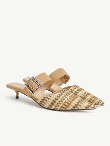 CUCCOO CHICEST 女士优雅尖头编织带扣装饰小猫跟高跟鞋，舒适休闲/工作穆勒鞋，卡其色仿皮，适合下午茶、约会、派对、办公室、度假，用途广泛 - 杏色 - 查看 8