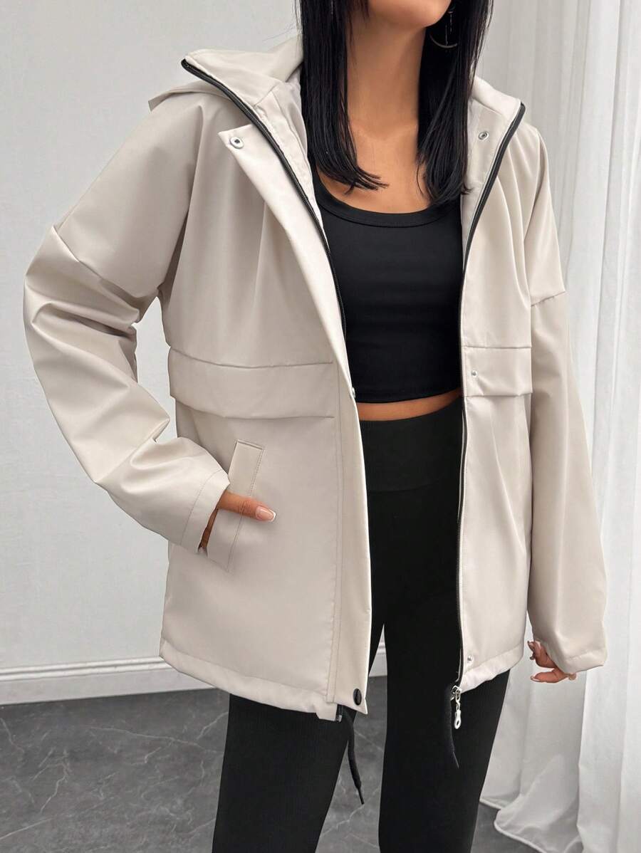 SHEIN Tall Veste utilitaire zippée à capuche doublée pour femmes - coupe-vent minimaliste de streetwear - Beige - Voir 1