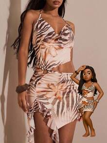 Opulessa Mini Dress da donna con taglio a taglio, in maglia lavorata a maglia con stampa a cerata