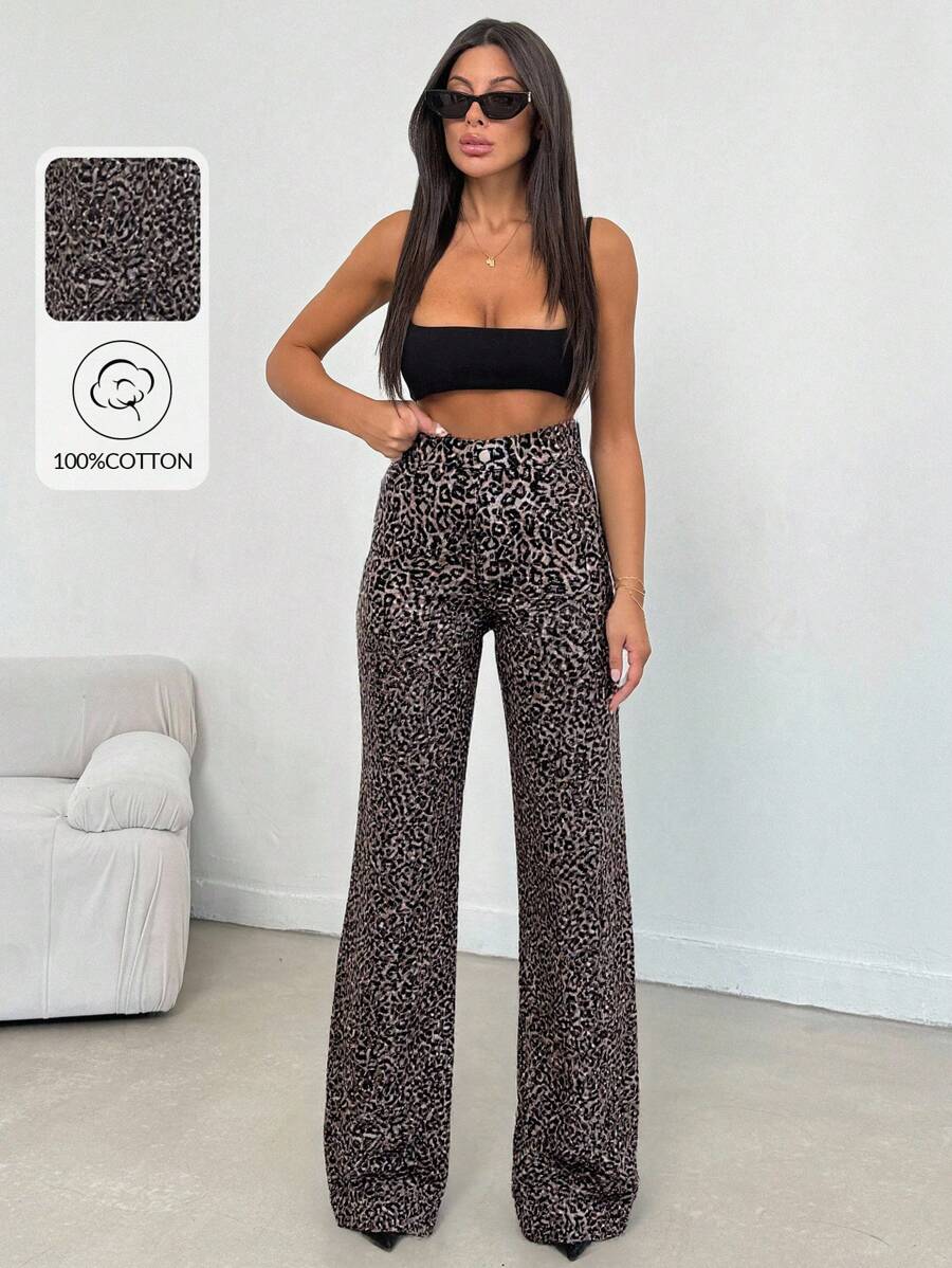 SHEIN Tall 100% Cotton MID RISE WIDEEG CUT LEOPARD TALL JEAN - Multicolor - View 1
