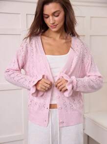 Hanevo V领纯色落肩休闲镂空轻薄长袖短款开衫 - 粉色 - 查看 6