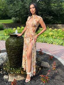 Carolina Barros Vestido de encaje y malla con estampado abstracto floral y animal