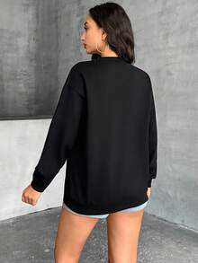 EURMUSE Women's Solid Elegant Rhinestone Detailed Sweatshirt - Black - View 2