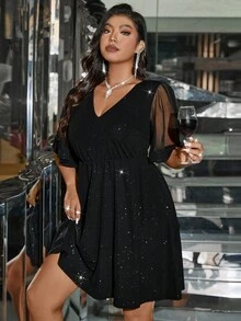 Femmeverse Plus Size Summer Elegant V-Neck Mesh Contrast Dress, Suitable For Gathering - Black - View 7