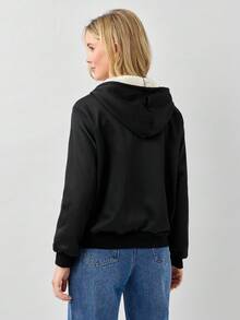 Miaspire Women's Casual Loose Fit Black Knitted Hooded Fleece Sweatshirt, Winter,Long Sleeve Tops - Black - View 2