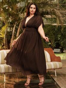 Anewsta Women Plus Size V-Neck Ruched Raglan Sleeve Cinched Waist Long Vacation Beach Dress