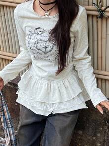 FRIFUL T-shirt casual à manches longues pour femmes, col rond ajusté, imprimé cœur, patchwork de dentelle, volants à l'ourlet, doux, automne