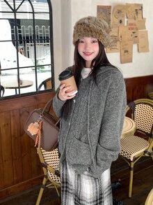 DAZY كارديجان نسائي بغطاء رأس بأسلوب كوري مع تصميم كابل محبوك وتويست أمامي للخريف والشتاء