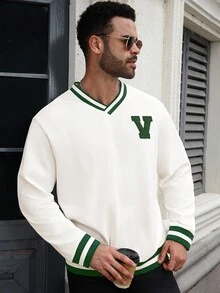 Manfinity Homme 秋季大码男士字母图案V领长袖休闲套头衫 - 白色 - 查看 5