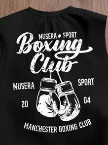 StoneGrade Camiseta de tirantes negra de corte holgado con estampado de lema retro de boxeo americano para hombres - Negro - Ver 2