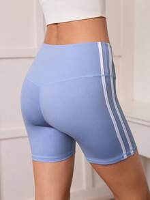 Women's Elastic Waist Striped Casual Short Leggings - Baby Blue - View 2