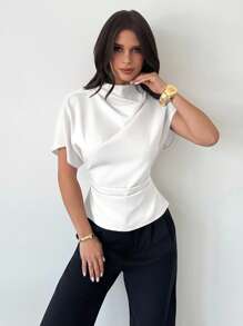 Firerie 褶皱领不对称袖侧边褶皱腰身修身杏色竹麻面料女式衬衫，四季皆宜，优雅女式衬衫 - 白色 - 查看 4