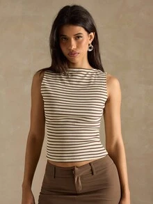 SHEIN BAE Áo ba lỗ kẻ sọc thường ngày cho nữ, Quần áo mùa hè, mùa thu cho nữ, Quần áo mùa đông cho nữ, Trang phục Halloween, Áo nâu, Áo sọc - Nhiều màu - Xem 5