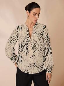 Glamance Pati Paints Women's V-Neck Full Print Long Sleeve Loose Fashion Shirt - Khaki - View 3