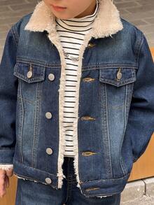 SHEIN Little Byeori 2pcs Young Boy Blue Denim Fleece Collar Long Sleeve Jacket And Loose Fit Thick Pants Set, Suitable For Autumn/Winter Outings Fall