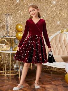 SHEIN Leap Crew Tween Girl Christmas Velvet Star Silver Foil Neck Long Sleeve Dress - Red - View 8