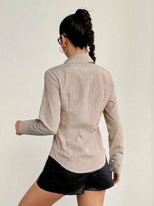 SHEIN PETITE Damen Lässig Gestreiftes Langarm Hemd mit Einzelknopfleiste