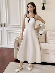 SHEIN 少女优雅梭织长袖夹克和可调节 A 字形吊带裙套装，秋冬 - 杏色 - 查看 6