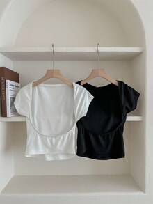 Tseoso 2pcs Sexy Women's Round Neck Backless Short Sleeve Crop Top Fit For Summer, Back To School, Early Autumn, 95% Cotton, Suitable For Summer, Vintage, Cute Summer Tops, Softgirl, Summer Outing Items, Home, Fall Women Clothes, Versatile,Teacher, Going Out Tops Women, Streetwear, Y2k Cotton Tops Tight Fitting Top Simple Tops Basic Tops Open Back Tops - Black and White - View 5