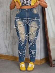 Slaydiva Winterliche Jeans für Damen in Große Größen mit hoher Taille, Taschen und ausgefranstem Saum, vielseitig einsetzbar - Mittele Waschung - Übersicht 5