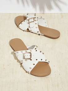 VACAZURE Flache Sandalen für Damen mit Willow Stud Dekoration, modisch und vielseitig einsetzbar - Weiss - Übersicht 2