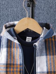 SHEIN Playful Pals 男婴格子背心+卫衣休闲套装，连帽保暖拉链外套搭配圆领套头卫衣和保暖裤，复古韩版休闲套装，适合秋冬户外穿着。男婴冬季套装，男婴格子背心套装，男婴冬季服装，男婴连帽衫套装，秋季 - 藍色 - 查看 7