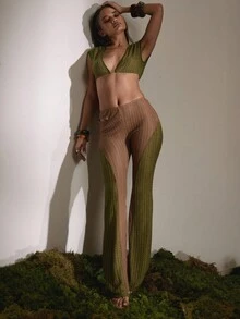 MUSERA Áo croptop cực ngắn, khoét sâu phía trước, chất liệu vải sần, thích hợp cho mùa thu, đi chơi đêm, gợi cảm theo phong cách Y2K, mùa hè, mùa xuân, lễ hội, ngày lễ. - màu xanh lá - Xem 3