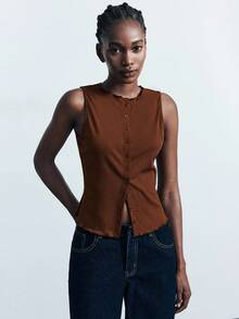 Maija Modern City Rust Brown Ribbed Sleeveless Button Up Tank Top,Summer Casual Occasion Cardigan Top For Women,Back To School Night Out Old Money Style - Coffee Brown - View 6