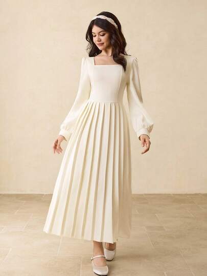 优雅简约时尚优雅方领常规肩长袖高腰褶皱连衣裙，适合正式场合、开学季、圣诞节、所有季节、少女