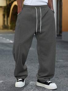 Manfinity Hypemode 男士抽绳腰阔腿运动裤阔腿运动裤男士宽腿慢跑裤宽松裤 Y2kblack 宽松裤 - 深灰色 - 查看 4