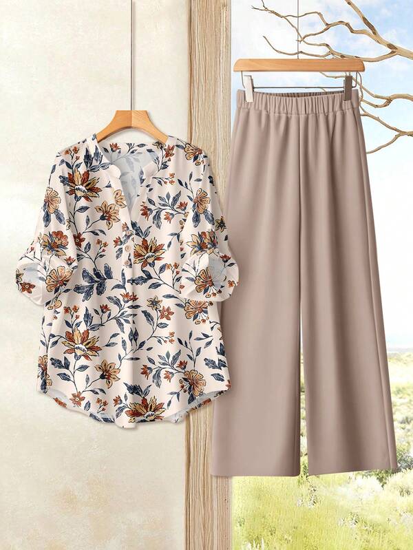 Rusticease 女士休闲复古印花长袖两件套，适合秋冬季