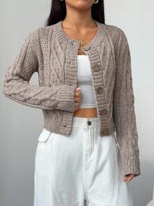 SHEIN PETITE Women's Loose Fit Solid Color Crew Neck Long Sleeve Cardigan, Suitable For Vacation Knit Cardigan Brown Cardigan Cardigan Sweater Cable Knit Cardigan Cropped Cardigan In Fall/Winter