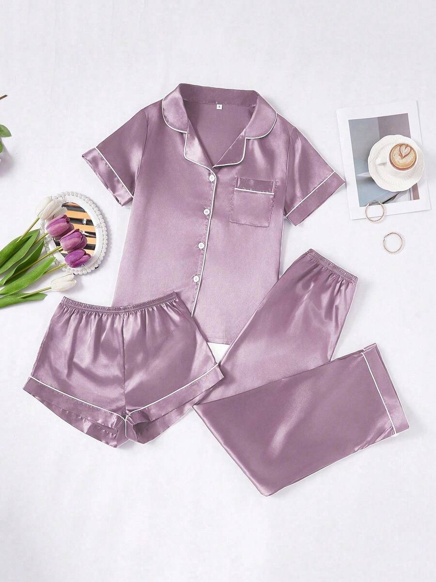 LuxeNights 3 Piece Set Women's Contrast Trim Solid Color Faux Silk Lapel Pajama - Mauve Purple - View 1