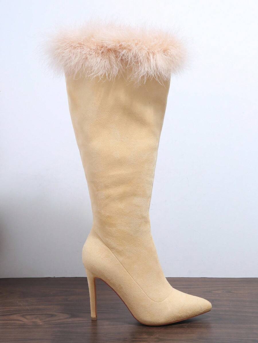 SHUZIA Fuzzy Trim Zip-Up Stiletto Heel Boots - Yellow - View 1