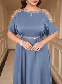 SHEIN Clasi Đầm thời trang thanh lịch đính đá Rhinestone cỡ lớn khoét sâu - Màu xanh bụi bặm - Xem 5