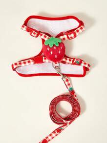 PETSIN 可爱红色格子草莓图案印花宠物狗猫背带和牵引绳套装，适用于狗和猫 - 彩色 - 查看 5