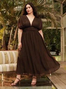 Anewsta Women Plus Size V-Neck Ruched Raglan Sleeve Cinched Waist Long Vacation Beach Dress