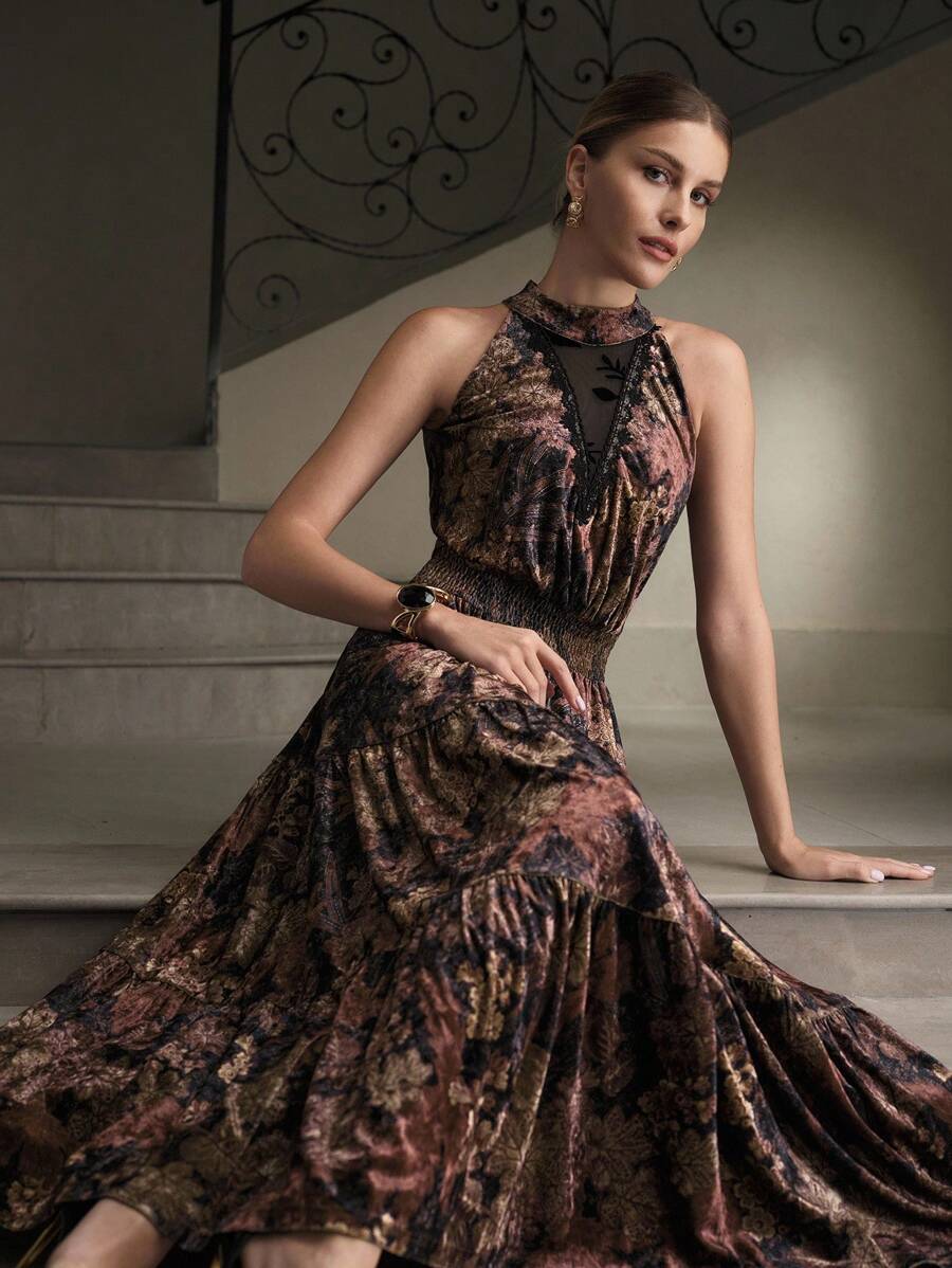 ZEYLAH 女式全印花网眼拼布无袖中长连衣裙 - 彩色 - 查看 1