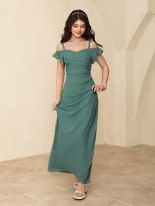 Teen Girl Elegant Party Solid Color Off-Shoulder Camisole Dress Fall Winter