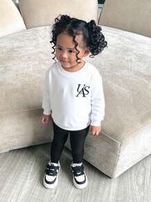 SHEIN Babygirl 休闲百搭字母印花卫衣套装，秋冬 - 黑與白 - 查看 8