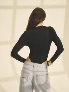 Aralina Fall Winter Stolkhom Style Long Sleeve Crew Neck High Leg Skimpy Back Casual Fashion Bodusuit - Brown - View 2