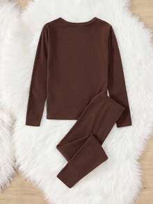 SHEIN 2pcs Tween Boy Snug Fit Comfortable Long Sleeve Top And Long Pants Thermal Underwear Set Fall Winter - Brown - View 2