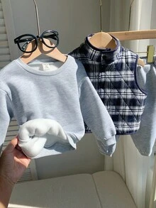 3 件套男婴/女婴休闲舒适百搭圆领运动衫 + 运动裤套装，厚绗缝背心夹克分层运动服，秋冬 - 彩色 - 查看 5