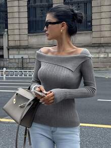 DAZY Elegantes einfarbiges asymmetrisches Damen-Pullover, Off-Shoulder Oberteil für den Herbst, Schulstil - Grau - Übersicht 7